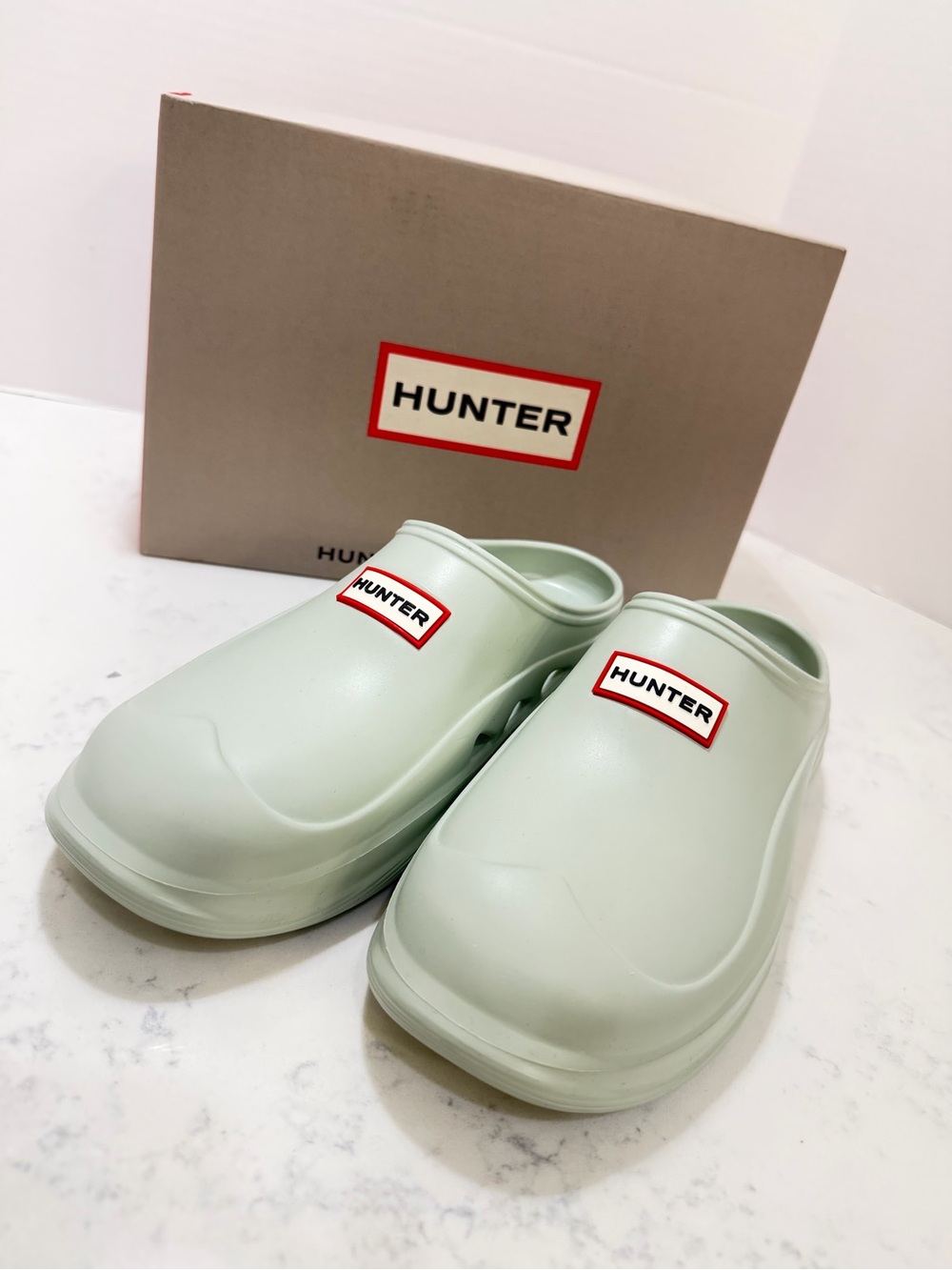 Hunter Light Green Slip-On Clogs with Red Logo Accents - Picture 2 of 9
